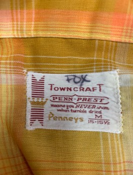 TOWNCRAFT, Goldenrod Yellow, Orange, White, Cotton, Plaid-  Windowpane, S/S, Button Front, Camp Shirt, 2 Patch Pockets