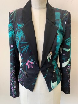 STYLEWALKER, Black, Green, Pink, Polyester, Tropical , Solid Black Lapel with Unusual Shape, 1 Hook & Eye at Waist, 2 Pockets with Exposed Zippers