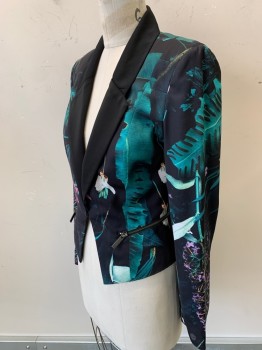 STYLEWALKER, Black, Green, Pink, Polyester, Tropical , Solid Black Lapel with Unusual Shape, 1 Hook & Eye at Waist, 2 Pockets with Exposed Zippers