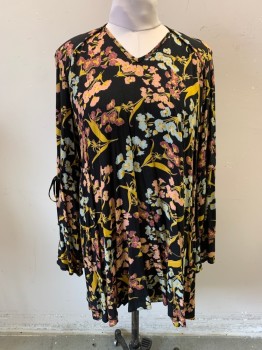 XHILIRATION, Black, Lt Pink, Sky Blue, Goldenrod Yellow, Raspberry Pink, Rayon, Floral, V-neck, Pullover, Long Bell Sleeves, Tie Straps at Elbows, Cur Out Back, Hem at Knee, High Low Hem