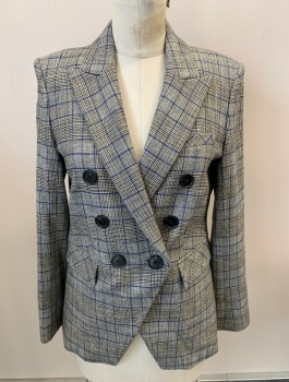 VERONICA BEARD, Black, White, Tan Brown, Blue, Viscose, Polyester, Houndstooth, Double Breasted, 6 Bttns, Peaked Lapel, 3 Pckts, Single Vent, Split Front