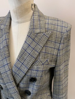 VERONICA BEARD, Black, White, Tan Brown, Blue, Viscose, Polyester, Houndstooth, Double Breasted, 6 Bttns, Peaked Lapel, 3 Pckts, Single Vent, Split Front
