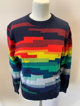 PAUL SMITH, Navy Blue, Dk Red, Goldenrod Yellow, Dk Teal, Multi-color, Cotton, Cashmere, Stripes, Color Blocking, Boys, CN, Abstract Rainbow Stripe, Rib Knit Trim