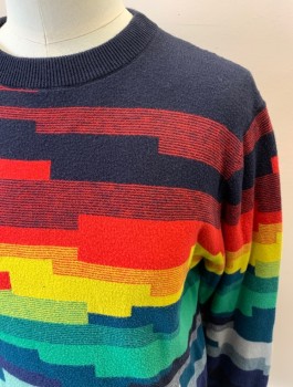 PAUL SMITH, Navy Blue, Dk Red, Goldenrod Yellow, Dk Teal, Multi-color, Cotton, Cashmere, Stripes, Color Blocking, Boys, CN, Abstract Rainbow Stripe, Rib Knit Trim