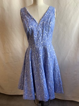 MAEVE, Periwinkle Blue, Silver, Cotton, Polyester, Floral, Jacquard, Rounded V-neck, Sleeveless, Zip Back, Circle Skirt