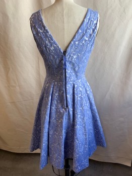 MAEVE, Periwinkle Blue, Silver, Cotton, Polyester, Floral, Jacquard, Rounded V-neck, Sleeveless, Zip Back, Circle Skirt