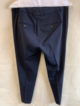 VINCE, Navy Blue, Wool, Elastane, Solid, Zip Front, Hook Closure, 4 Pockets, Creased Front, Skinny Fit, Mid To Low Rise