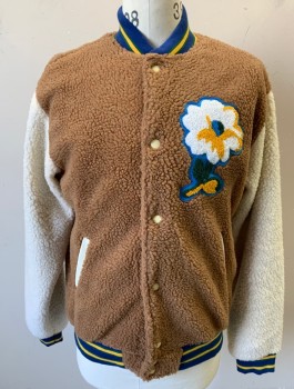 URBAN OUTFITTER, Lt Brown, Off White, Blue, Yellow, Green, Polyester, Solid, Floral, Fleece Whimsical Letterman Jacket, Brown Body and White Sleeves, Blue Striped Rib Knit Neck, Waistband and Cuffs, Large Flower Applique at Chest, Snap Closures