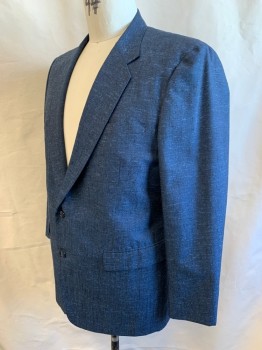 Mens, Blazer/Sport Co, LEADING CO CUSTOM, Dk Blue, Wool, Heathered, Sharkskin Weave, 44L, Horizontal Streaks in Weave, Single Breasted, Notched Lapel, 2 Buttons, 3 Pockets, Retro Inspired 1980's Does 50's,