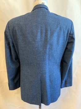 Mens, Blazer/Sport Co, LEADING CO CUSTOM, Dk Blue, Wool, Heathered, Sharkskin Weave, 44L, Horizontal Streaks in Weave, Single Breasted, Notched Lapel, 2 Buttons, 3 Pockets, Retro Inspired 1980's Does 50's,