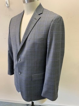 PRONTO UOMO, Gray, Slate Blue, Navy Blue, Wool, Plaid-  Windowpane, Single Breasted, Notched Lapel, 2 Buttons, 3 Pockets