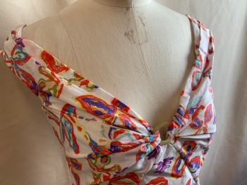 PETER PILOTTOC, White, Red, Yellow, Green, Blue, Cotton, Floral, Decolltage, Notted Bust with Shell Ring Detail, Back Zipper, Boning on Sides of Bodice, Full Panelled Skirt with Big Hem Ruffle, Fully Lined