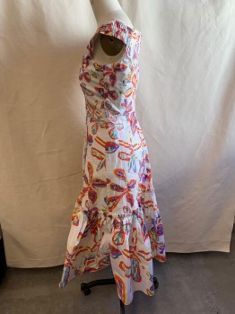 PETER PILOTTOC, White, Red, Yellow, Green, Blue, Cotton, Floral, Decolltage, Notted Bust with Shell Ring Detail, Back Zipper, Boning on Sides of Bodice, Full Panelled Skirt with Big Hem Ruffle, Fully Lined