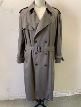 Mens, Coat, Trenchcoat, LONDON FOG, Mushroom-Gray, Wool, Solid, 46 L, Double Breasted, 6 Buttons, Epaulets, Belted Cuffs, Asymmetric Flap at One Side of Chest, Raglan Sleeves, **With Matching Belt