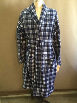 Mens, Bathrobe, JOE BOXER, Blue, Navy Blue, White, Polyester, Plaid, O/S, Fleece, Long Sleeves, Shawl Collar, 2 Patch Pockets, 2 Piece, with Matching BELT, **Barcode is Located Inside Pocket