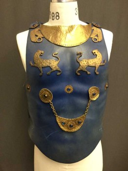 Mens, Historical Fict. Breastplate , MTO, Royal Blue, Gold, Leather, Solid, 42 C, Leather Over Molded Plastic, Side And Shoulder Buckles, Gold Leather Tigers, And Decorations