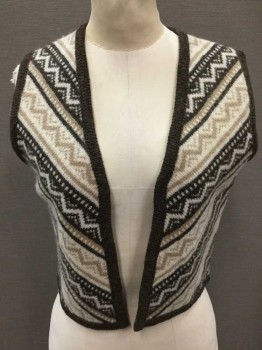 Womens, Vest, TIROL, Beige, Brown, Cream, Wool, Stripes - Diagonal , Zig-Zag , S, Knit, Open Center Front W/No Closures, Cropped Length,