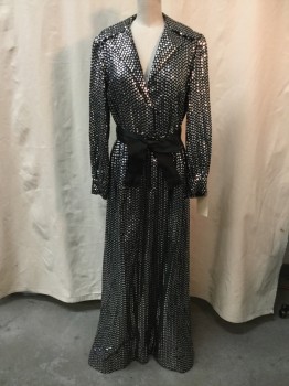 JOAN LESLIE , Black, Metallic, Synthetic, Sequins, Black with Metallic Sequins, Zip Front, Plunge Neck, Notched Lapel, Collar Attached, Long Sleeves, Black Belt with Bow