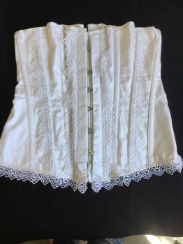 Womens, Corset 1890s-1910s, VOLLERS, White, Off White, Stripes - Vertical ,  W 28, White W/off White Vertical Stripes, 4 Vertical Lace Trim Bodice & Hem, Hood Front, Cream Ribbon Lacing Back, See Photo Attached,