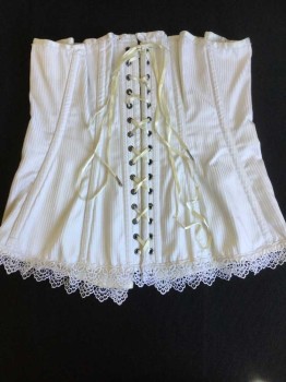 Womens, Corset 1890s-1910s, VOLLERS, White, Off White, Stripes - Vertical ,  W 28, White W/off White Vertical Stripes, 4 Vertical Lace Trim Bodice & Hem, Hood Front, Cream Ribbon Lacing Back, See Photo Attached,