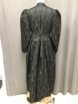 Womens, Dress 1890s-1910s, MTO, Black, Silk, Floral, 30W, 40B, Made To Order, Silk Jacquard, 11 Facetted Pearl Buttons Center Front with Snaps, Long Sleeves, Band Collar,