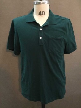 J. CREW, Dk Green, Cotton, Spandex, Solid, Short Sleeve,  Ribbed Knit Collar/Armbands, 3 Buttons,  1 Pocket, Pique