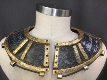 Unisex, Historical Fiction Collar, M.T.O., Gold, Black, Copper Metallic, Fiberglass, Leather, Egyptian Ornate Collar In Black Painted Herringbone Textured Collar with Gold Scarabs & Cobra Filigree Studs. Brass Chain Laced Through Lower Edge Of Collar. Lacing Holes At Center Back Neck with NO Lacing String, ( Warned Out Shoulder),  Copper Wire Trim, Multiples,