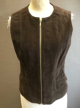 Womens, Leather Vest, BANANA REPUBLIC, Dk Brown, Leather, Solid, 6, (DOUBLE) Dark Chocolate and Brown Lining, Round Neck,  Gold Zipper Front & on 2 Pockets