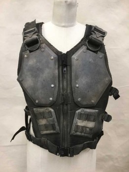 Unisex, Sci-Fi/Fantasy Vest, NO LABEL, Black, Synthetic, Nylon, O/S, Faux Metal Breast And Back Plates, Adjustable Side Straps, Waist Belt/Buckle, Adjustable Should Buckles, Zip Front, Metal Grommets, Multiples