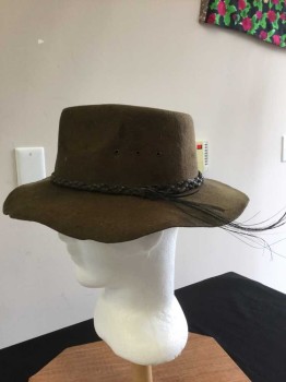 N/L, Brown, Wool, Solid, Black Horsehair & Brown Leather Braided Hat Band, Aged/Distressed,  See Photo Attached,