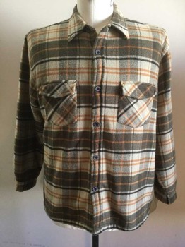 PINEAPPLE CONNECTION, Beige, Black, Gray, Orange, Acrylic, Plaid, Button Front, Long Sleeves, Collar Attached, 2 Flap Pockets, Fleece Lining