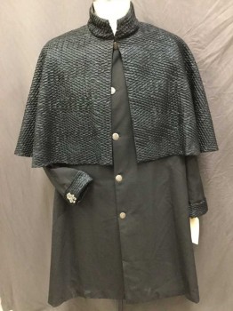 Mens, Coat, HISTORICAL EMPORIUM, Black, Iridescent Blue, Polyester, Synthetic, Solid, 50, Maybe 18th Century Coat with Attached Cape-let of Bumpy Textured Sci-fi Like Fabric with Stand Collar, Button Front, Long Sleeves with Armpit Gussets in Spandex, Silver Details on Cuffs