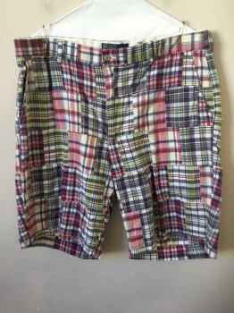POLO RALPH LAUREN, Red, White, Navy Blue, Green, Olive Green, Cotton, Plaid, Zip Fly, 4 Pockets, Belt Loops,