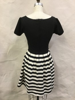 DEAR CREATURES, Black, Cream, Cotton, Solid, Stripes - Horizontal , Round Neck with Open Teardrops. Black Short Sleeve Bodice with Cream Edge Trim and Details, Inverted Box Pleated Short Skirt, Back Zipper, Pleated Sleeve Caps