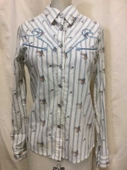 Womens, Shirt, WRANGLER, Ivory White, Dusty Blue, Brown, Cotton, Stripes, Floral, B34, XS, W30, Ivory, Dusty Blue/ Brown Stripe & Floral Print, Snap Front, Collar Attached, Long Sleeves,