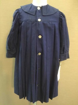 Childrens, Coat 1890s-1910s, N/L, Navy Blue, Wool, Solid, 26C, Button Front, Rounded, Collar, Pleats From Front and Back Yoke. Gathered Shoulders, Long Sleeves, Couple of Moth Holes, Some Shoulder Burn, Otherwise Delicate Good Shape