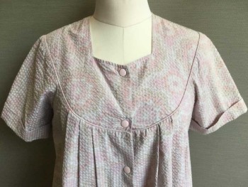 Womens, Housedress, MISS ELAINE'S , Lt Gray, Lt Pink, Olive Green, Mottled, S, Light Gray, Light Pink, Olive Mottled Sear Suckers, Square Neck, Yoke W/self Piping Trim, Pink Snap Front, Short Sleeves W/cuff, 2 Side Pockets Bottom