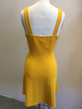 PLANET GOLD, Mustard Yellow, Polyester, Spandex, Solid, Abstract , Scoop Neck with Cut-out Small "V", 1-1/4" Straps, Bias Cut Skirt, Slip On