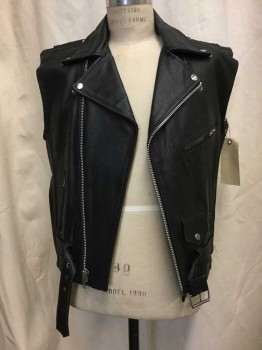 Mens, Leather Vest, MTO, Black, Leather, Solid, CH 40, Black, Biker Style, Zip Front
