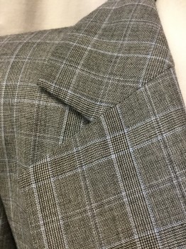 DANA BUCHMAN, Gray, Lt Blue, Black, Wool, Plaid, Wide Notched Lapel, 2 Button Single Breasted,, 2 Pockets with Flaps, Slit Center Back,
