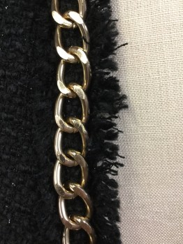 XXI, Black, Gold, Viscose, Wool, Solid, Wool Blend Boucle with Black Lurex Thread in Grid Pattern. Chunky Gold Chain Trim. Self Raw Edge Trimmed Edging and on Faux Pocket Detail/ Black & Taupe Stripe Satin Lining