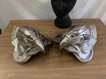 Unisex, Sci-Fi/Fantasy Pads, N/L MTO, Pewter Metallic, Fiberglass, Pair of Shoulder Pads: Eagle Heads, Faux Aged Metal, Gold Beak and Circles at Sides,