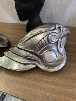 Unisex, Sci-Fi/Fantasy Pads, N/L MTO, Pewter Metallic, Fiberglass, Pair of Shoulder Pads: Eagle Heads, Faux Aged Metal, Gold Beak and Circles at Sides,