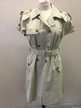 VALENTINO, Khaki Brown, Cotton, Solid, Twill Trench Coat Style Dress, Short Sleeves, Double Breasted, Epaulettes at Shoulders with 3D Self Bows, Collar Attached, Hem Above Knee, 2 Pockets with Button Flap Closures, Belt Loops, **2 Piece with Matching Self Fabric BELT
