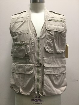 Mens, Wilderness Vest, WOOLRICH, Beige, Cotton, Solid, L, Zip Front, V-neck, Lots of Pockets, Epaulets, Back Vent to Mesh Lining, Hunting and Fishing, Quilted Yoke, Kind of Heavy