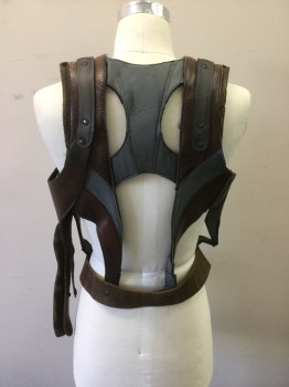 Mens, Harness, Mto, Brown, Charcoal Gray, Leather, Synthetic, Solid, W30, Ch38, Brown Leather & Gray Neoprene Panels with Leather Belt at Waist . Various Multiples Available