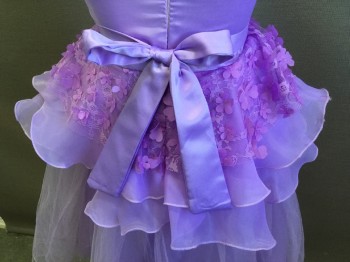 Childrens, Party Dress, AI MENG BABY, Lavender Purple, Orchid Purple, Polyester, Solid, Floral, 10, Round Neck,  Lavender with Lavender Floral Lace with Cut-our Orchid Flower Attached, Sleeveless, Huge Solid Lavender Bow Tie & Belt, 2 Layers Ruffles & Sheer Lavender Fishnet Over Skirt, Zip Front,