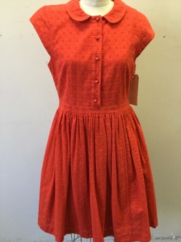 KATE SPADE, Red, Cotton, Solid, Red Eyelet Lace, Button Front Placket, Round Collar, Cap Sleeve, Keyhole Back, Gathered Waist Skirt, Side Zipper,