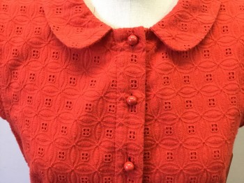 KATE SPADE, Red, Cotton, Solid, Red Eyelet Lace, Button Front Placket, Round Collar, Cap Sleeve, Keyhole Back, Gathered Waist Skirt, Side Zipper,