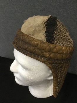Mens, Historical Fiction Hat , MTO, Brown, Black, Tan Brown, Leather, Cotton, Patchwork, S, Leather Cap, Padded Quilted Band, Leather Criss Cross Lacing Detail, Triangular Ear Flaps with Grommet, Patchwork Crown, Aged and Crunchy, Hole Between Tan and Black Fabrics